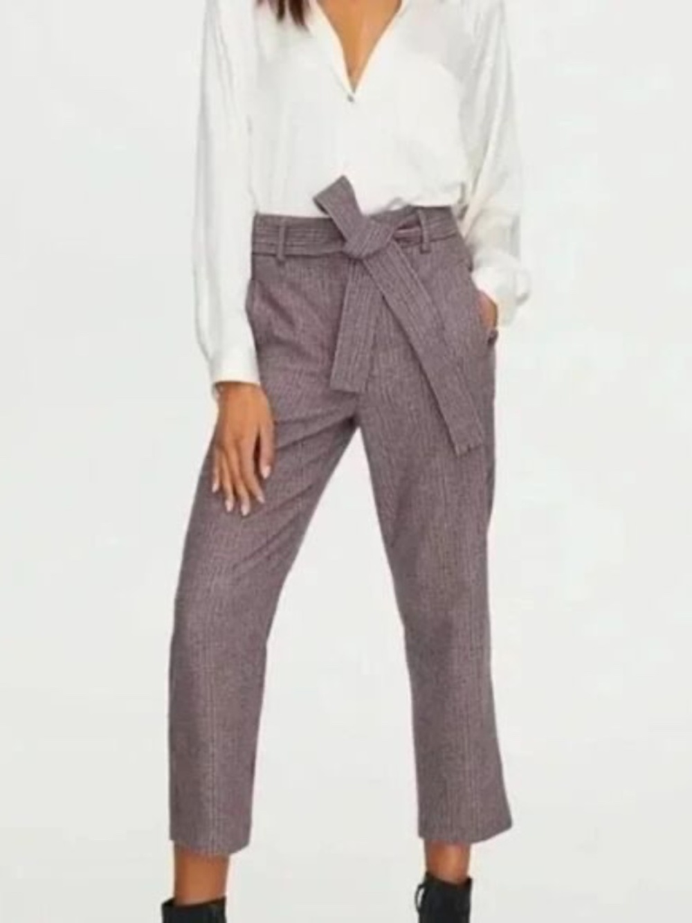 Aritzia Wilfred Academia Tie Waist Plaid Trousers in Burgundy Woman's Size 6